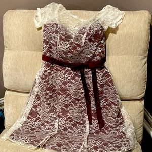 - Cream and cranberry lace dress